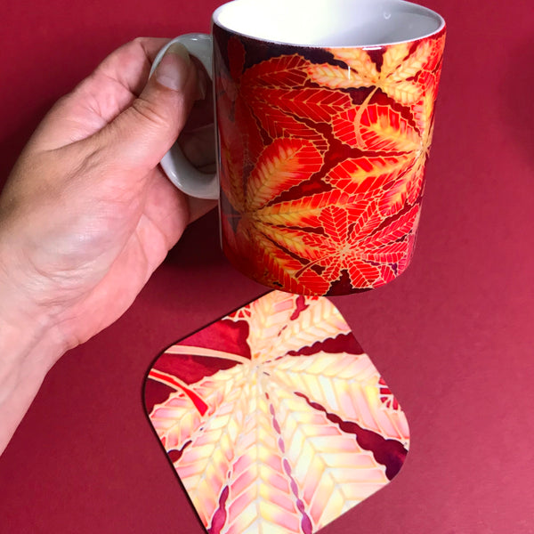 Autumn Horsechestnut Leaves Mug - Mug and Coaster Box Set - Red Mug Set - Autumn Mug Gift