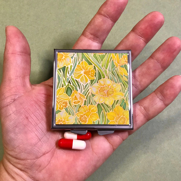 Spring Daffodils Large Pill Box - Yellow Green Stud Earing Jewellery Box