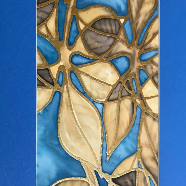 Beech Leaves Original Silk Painting -   Blue Caramel Gold Hand-Painted Silk Art -