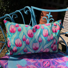 Pink Tulips Showerproof Cushion - Showerproof Garden Cushions - pink and mint green colours