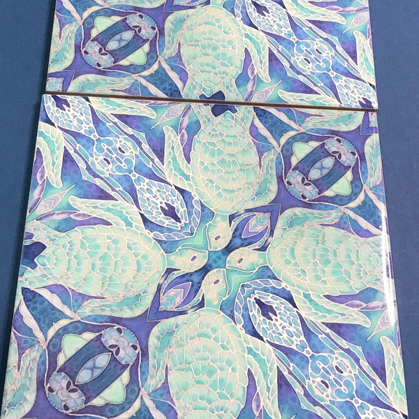 Turtles Waltz Blue Aqua Green Ceramic Tiles -  Ceramic Hand Printed Tiles