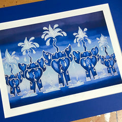 Fun Elephant Print - Deep Blue Elephant Family Art Print - Baby Elephant Print - Wildlife Art