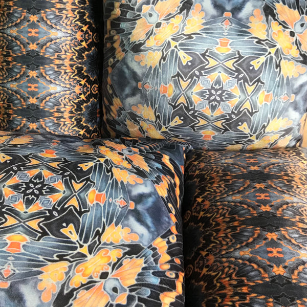 Set of Four Contemporary Grey Black Burnt Orange Velvet Cushions - Dramatic Moth Patterned Kaleidoscope Design Luxury Velvet Cushions