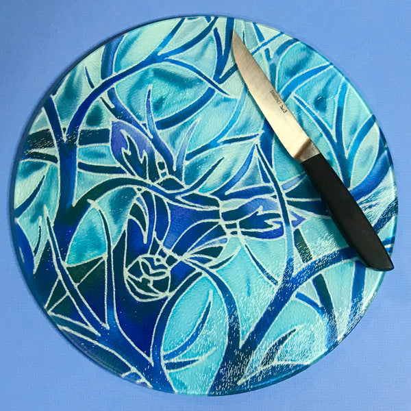 Deep Blue Stag Glass Chopping Board - Stag Trivet - Blue Pot Stand - Heat Proof Table Top Saver - Decorative Platter