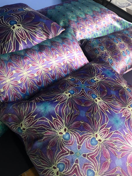 Set of Five Persian Orchid Purple and Turkish Blue  Luxury Velvet Cushions - Mediterranean Coloured Patterned Kaleidoscope Design