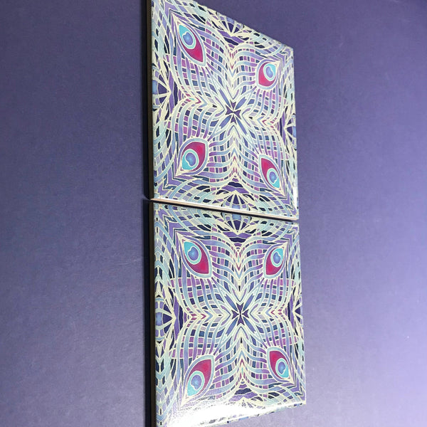 Lavender Peacock Feathers Tiles - Blue Lilac Tiles  - Bohemian Nouveau Ceramic Hand Printed Tiles