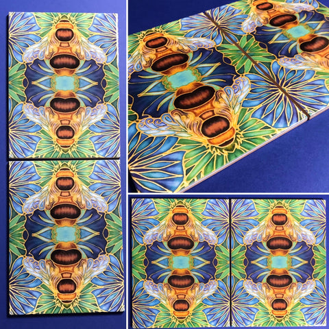 Gorgeous Blue Green Caramel Bumble Bees - Beautiful Ceramic Bohemian Tiles - Kitchen Bathroom Tiles