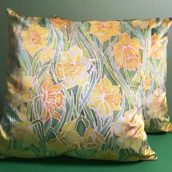 Arts and Crafts Style Daffodils Luxury Velvet Cushions, Cheering Springtime Decor Throw Pillows