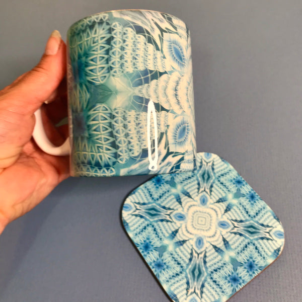 Cool aqua patterned mug and coaster box set or Mug only - Colourful Mug Set - Blue Green Mug Gift