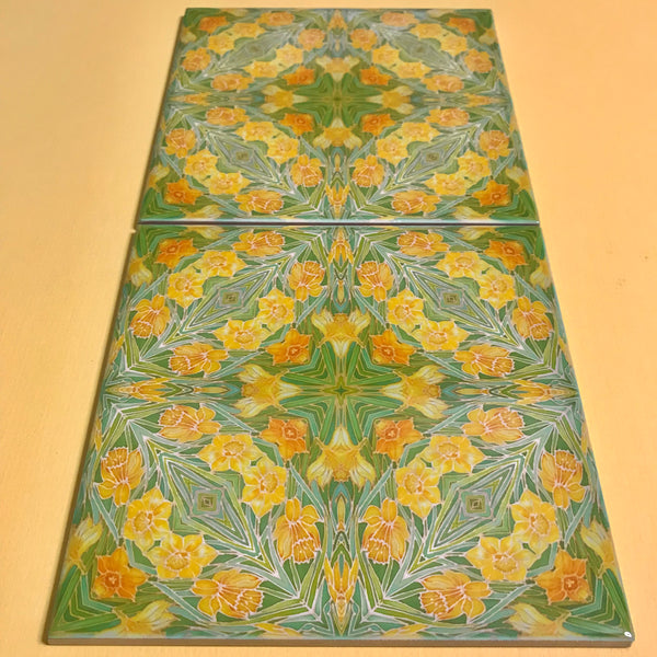 Art Nouveau Yellow Daffodils of Bathroom Tiles - Arts and Crafts Look Bright Bohemian Kitchen Tiles
