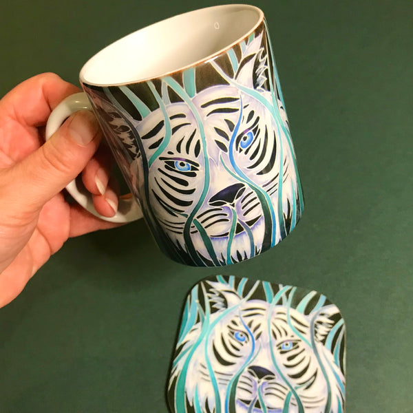Majestic White Tiger  Mug in teal green aqua and white - Wildlife Lovers Mug Gift