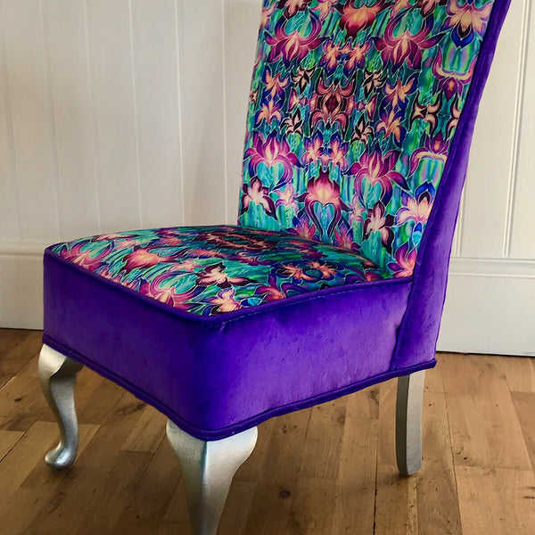 Purple Irises Bedroom Chair - Iris Flowers Small Chair - Bespoke Upholstery.