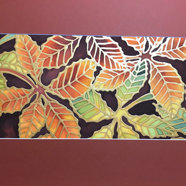 Warm Autumnal Beech Leaves Original Silk Painting - Terracotta rust green yellow gold Hand-Painted Silk Art -