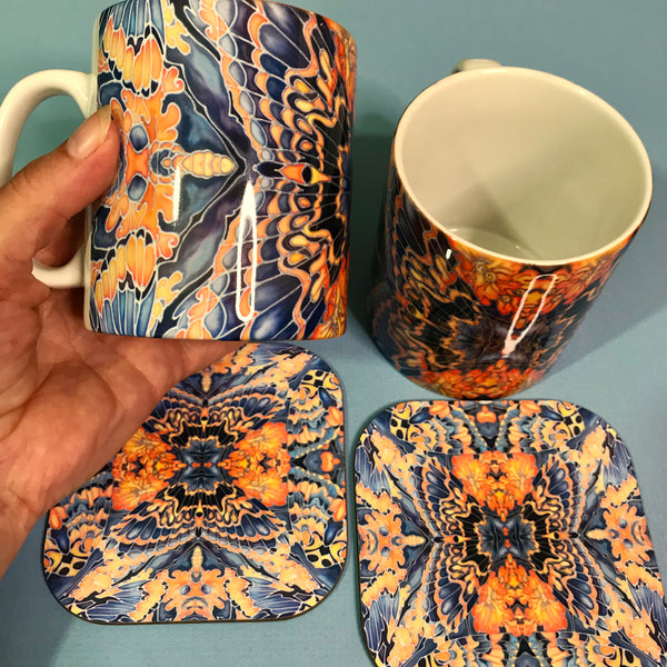 Gorgeous Orange Grey Blue Mug and Coaster box set only - Contemporary Mug Set - Grey Blue Orange Mug Gift