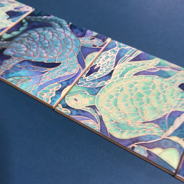 Blue Aqua Turtle Mix Small 6” Square Tiles -  Ceramic Bathroom Kitchen Hand Printed Tiles