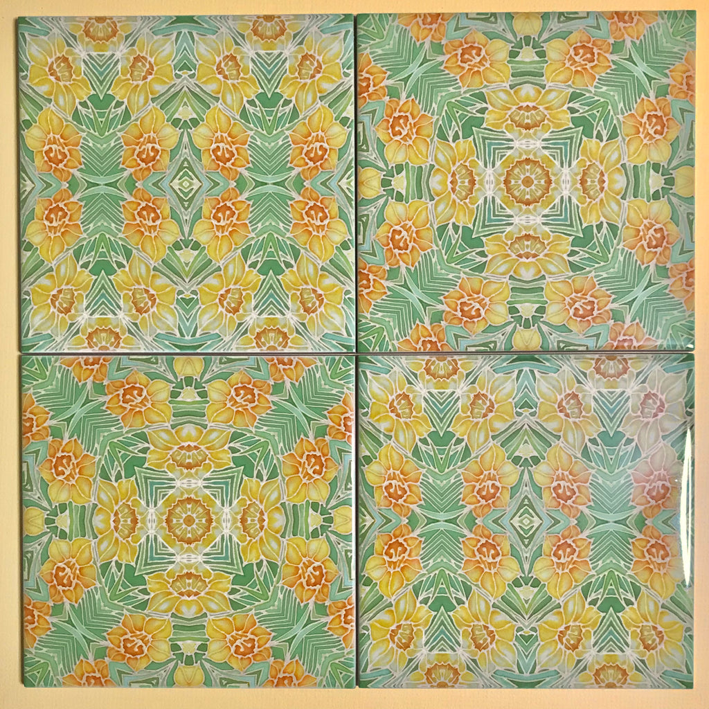 Yellow Daffodils Mixed Set of Bathroom Tiles - Arts and Crafts Look Bright Bohemian Kitchen Tiles