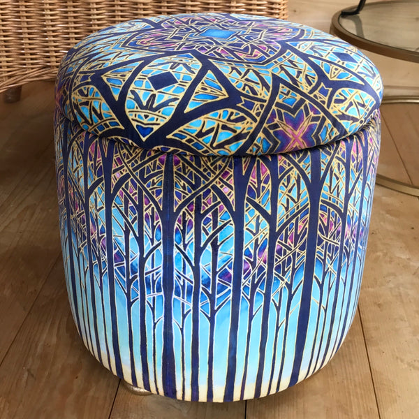 Stunning Cathedral Window Round Footstool with storage - one off Bespoke Upholstery.