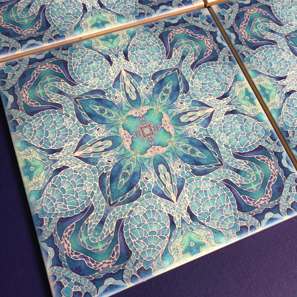 Blue Turtle Mandala Tiles -  Ceramic Hand Printed Tiles