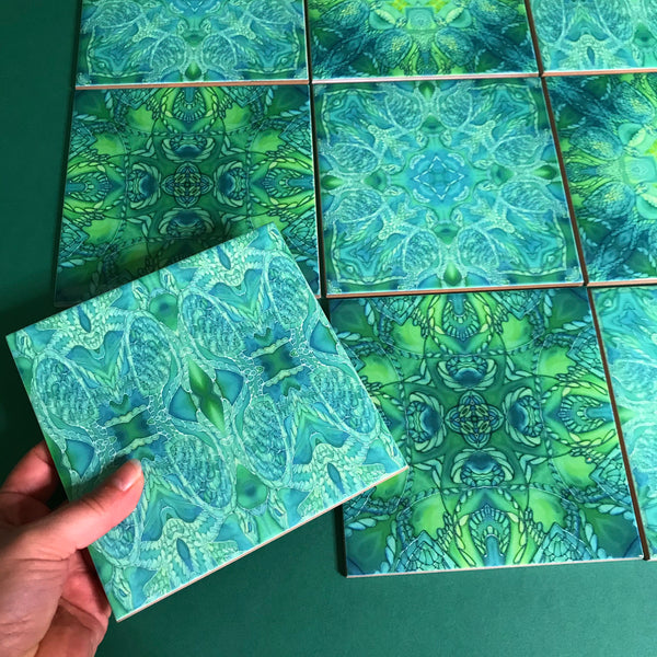 Green Turtle Kaleidoscope Mixed Tiles Set - Teal Mint Lime Tiles - Beautiful Tile - Bohemian Tiles
