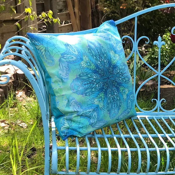 Sea Green Butterfly Showerproof Cushion - Showerproof Garden Cushions - Blue green turquoise Cushion