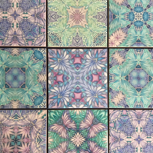 Pretty Pastel Mixed Set of 50 Ceramic Tiles - Pastel Blue Green Lilac Turquoise Bright Bohemian Kitchen Tiles