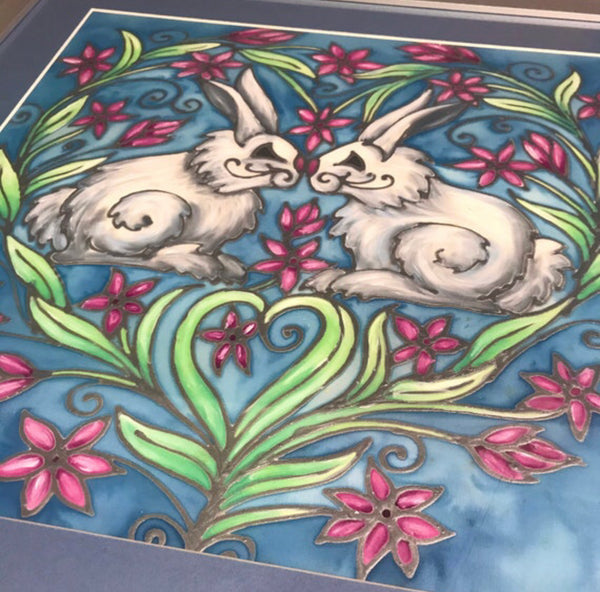 SOLD Love Bunnies Original Silk Painting - hand painted silk Ram - contemporary blues and greys