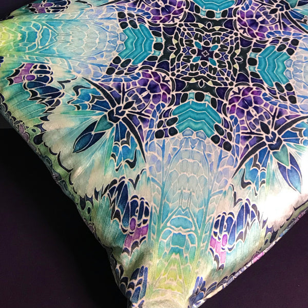 Pretty And Cool Mint Green Blue Purple Teal Velvet Cushions - Dramatic Butterfly Kaleidoscope Design Luxury Velvet Cushions