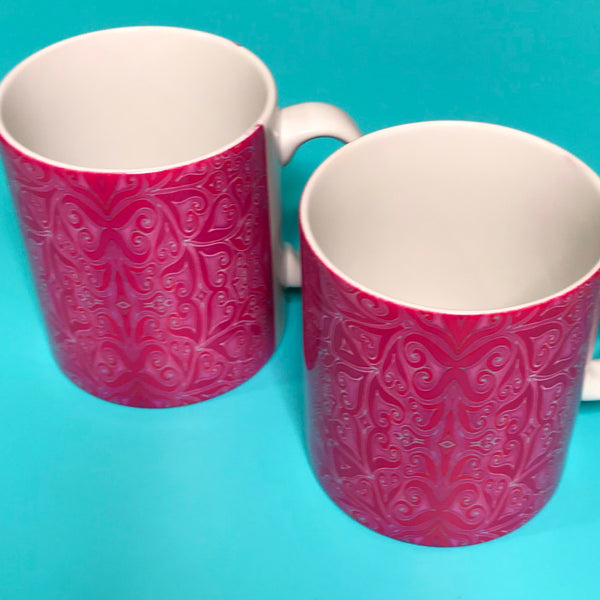 Bright Pink Patterned Heart  mug and coaster set or mug only -Mug Set -  Mug Gift