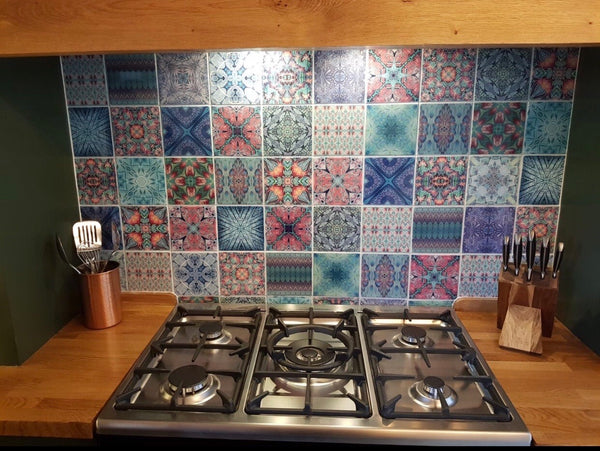Cool Bohemian Mixed Set of 50 Ceramic Tiles - Blue Green Purple Turquoise Bright Bohemian Kitchen Tiles