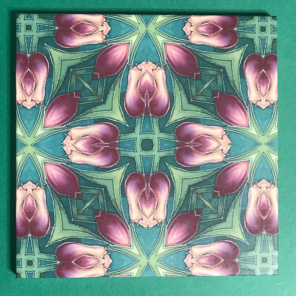 Art Nouveau Pink and Green Tulip Floor Tiles - 20x20cm Interior and Exterior