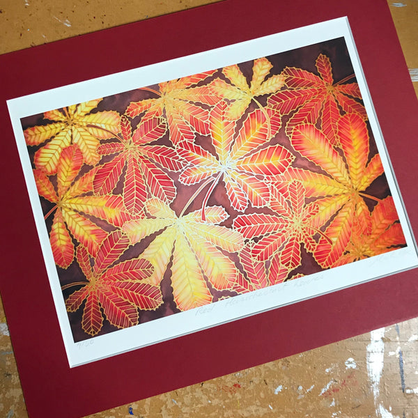 Autumnal Horsechestnut Leaves Print -  Ref Yellow Leaves Art Print - Red Yellow Red Print