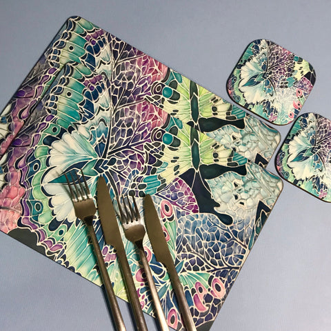 Butterfly on Leaves hard wearing Table Mats - Teal Pink Plum Charcoal Green Tableware