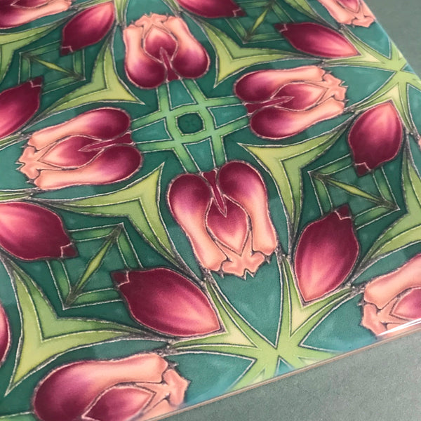 Nouveau Rich Pink Tulips Tiles. Arts and Crafts look Bathroom Tiles or Kitchen Tiles