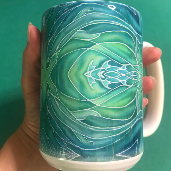 Swirling Green Dolphins Extra Large Mug and Coaster - Blue Turquoise Mug Set - Mug Gift