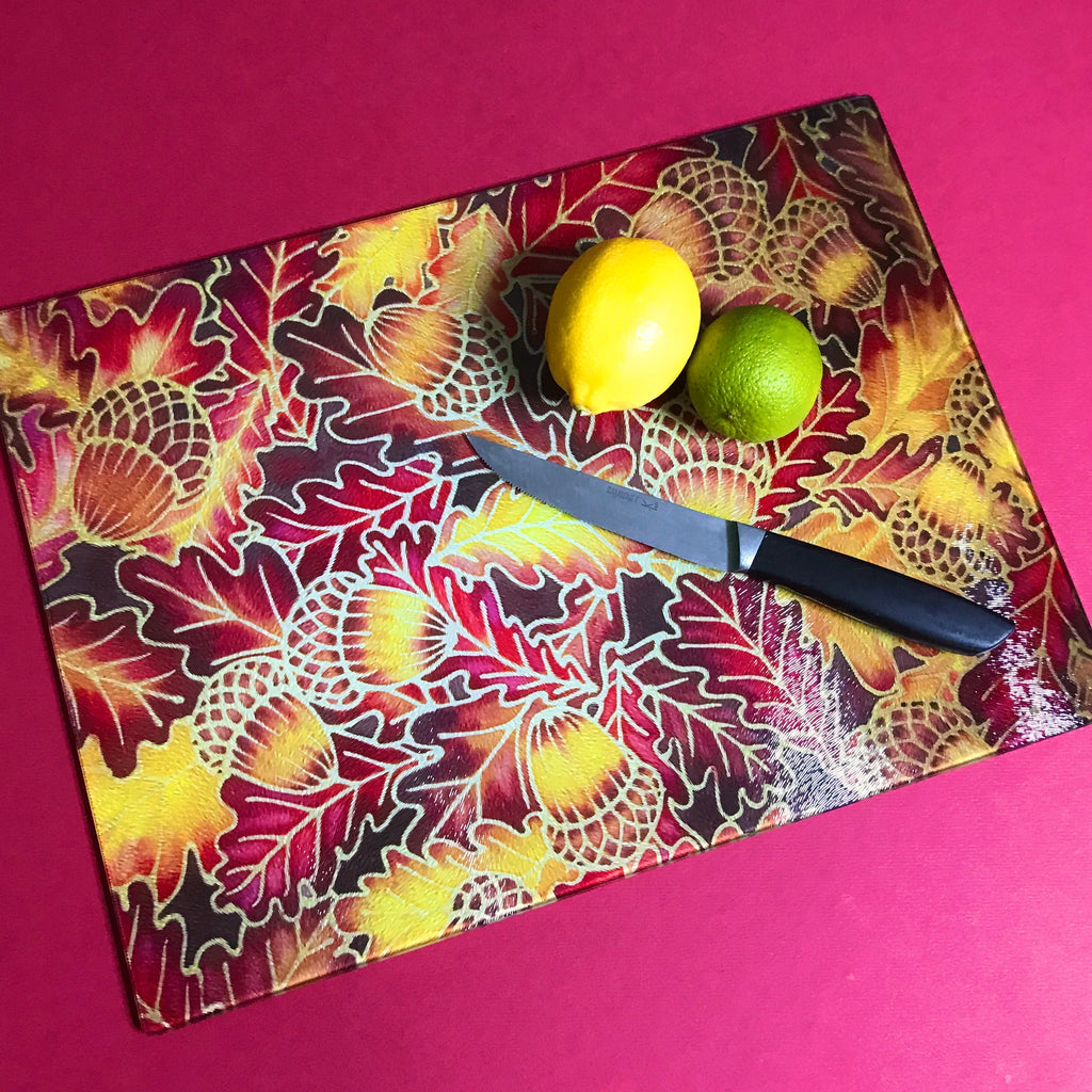 Oak Leaves Heatproof Glass Chopping Boards - Table Mat - Red Yellow Placemats & Coasters - Heatproof Glass Chopping Boards