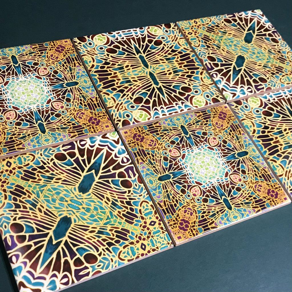 Intricate Butterfly Mixed Tiles Set - Burgundy Green Gold Tiles - Beautiful Bohemian Tiles