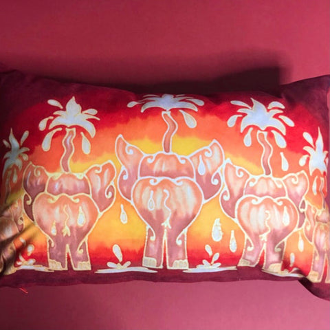 Red Sunset Elephant Family Cushion - Rich Reds and Yellow Pillow - Elephant Lovers Cushion Gift