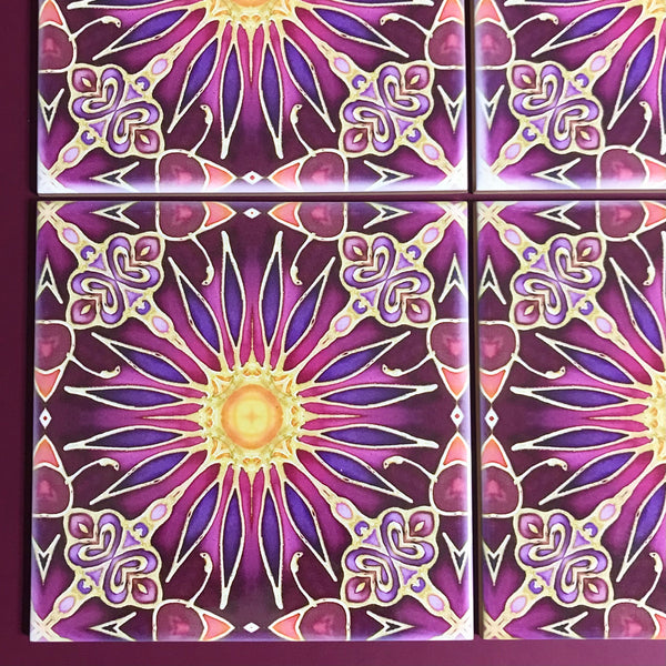 Flower Tiles in Rich Plum - Beautiful Ceramic Bohemian Tiles - Kitchen Bathroom Tiles