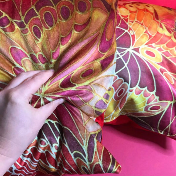 Red Orange Butterfly Velvet Cushion - Luxury Velvet Throw Pillow - Bold pattern butterfly pillow