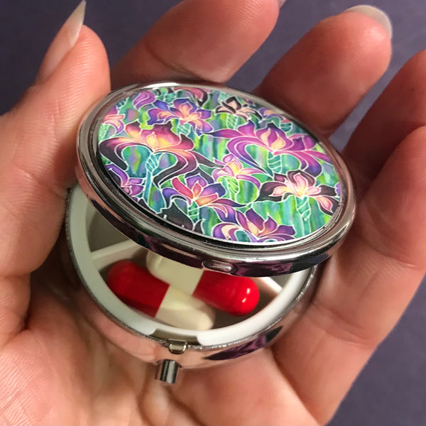 Pretty Purple and Green Iris Field Pill Box - pretty Round Trinket Box - Stud Earing Jewellery Box