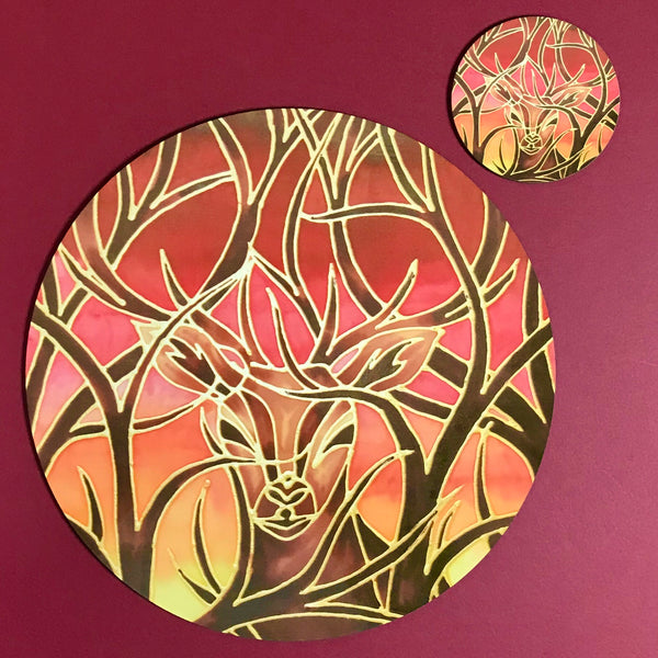 Red Stag Glass Chopping Board - Stag Trivet - Forest Pot Stand - Heat Proof Table Top Saver - Decorative Platter