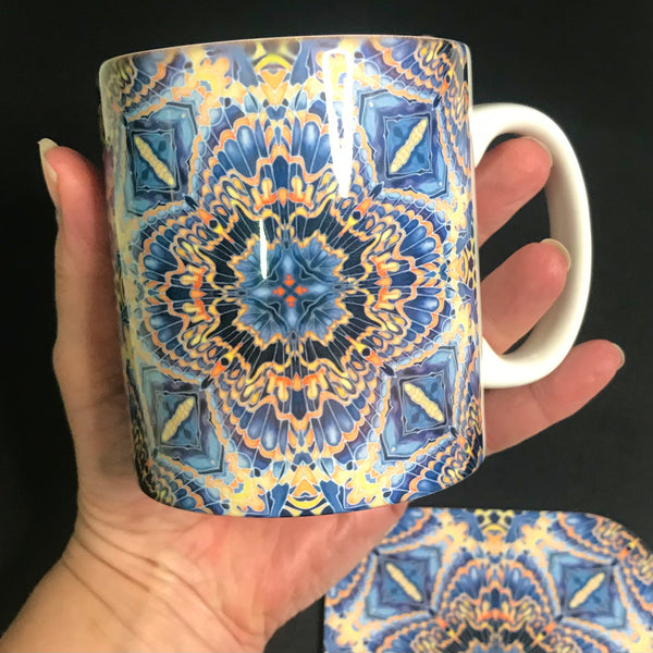 Gorgeous Orange Grey Blue Kaleidoscope Mug and Coaster box set only - Contemporary Mug Set - Grey Blue Orange Mug Gift