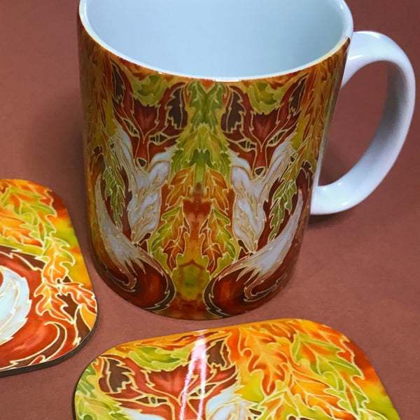 Fox in Oak Leaves Mug & Coaster - Fox Mug Box Set - Green Terracotta Yellow Fox Mug - Fox Lovers Mug Gift