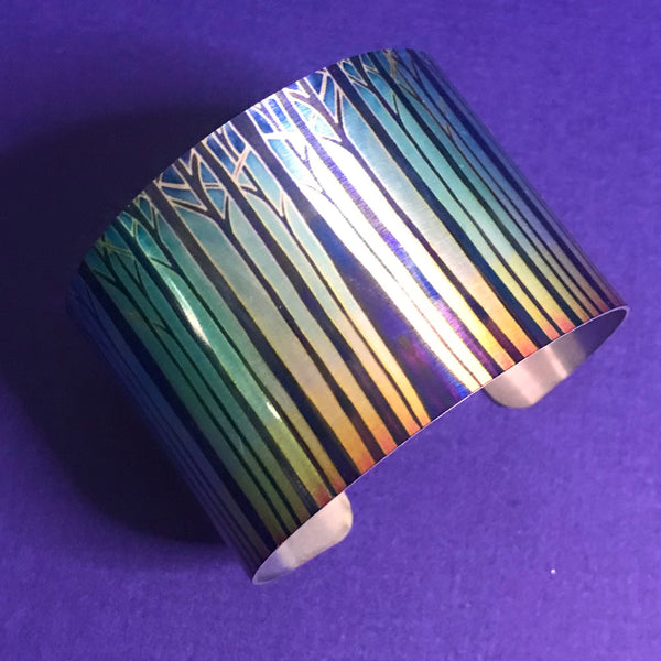 Cathedral Tree Stripes Bracelet in rich stained glass sunset colours- easy wear lightweight aluminium.