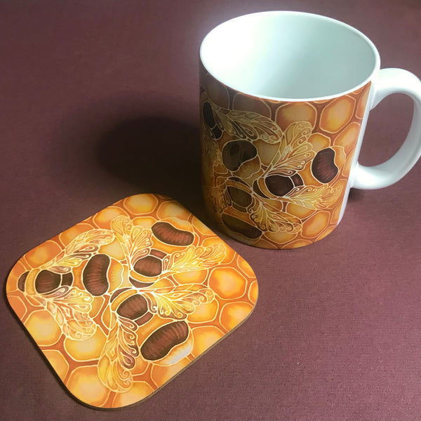 Bees and Honeycomb Mug and Coaster Set - Golden Bumble Bees Mug Gift - Gold Caramel Bee Gift