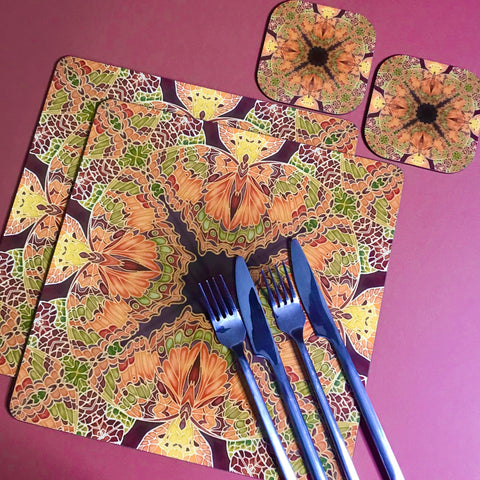 Green Caramel Kaleidascope Butterfly Table Mats & Coasters - Kaleidascope Butterfly Table Mats