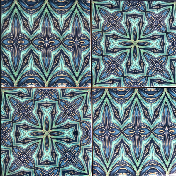 Mixed Set of Blue Teal Geometric Fusion Tiles -  Ceramic Hand Printed Bathroom Kitchen Tiles