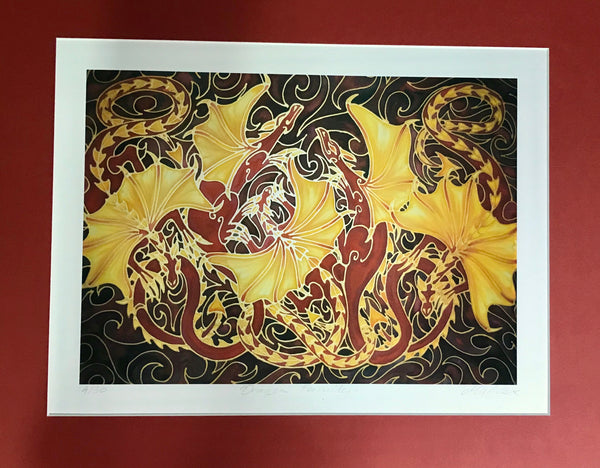 Dramatic Dragon Family Print - Mythical Creatures Art Print - Fiery Red Dragons Print