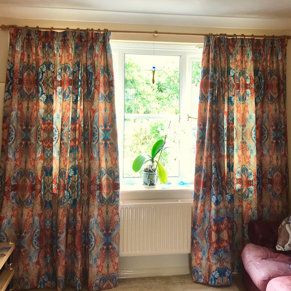 Chenille Butterfly Made to Order Curtains.  Blue Teracotta Bespoke Designer Fabrics