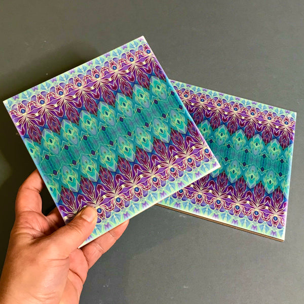 Turquoise Blue and Purple Persian  Style Bathroom Tiles - Bohemian Kitchen Tiles - Orchid Repeat Decorative Tiles